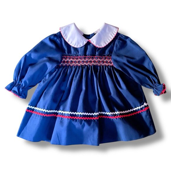 Vintage 1980s Baby Girls Smocked Dress Sz 6 to 12 Month Navy Blue Red White - Picture 2 of 8